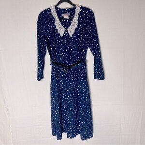 Vintage Functionals Navy Blue Polkadot Button Up Belted Dress W Lace Collar 14